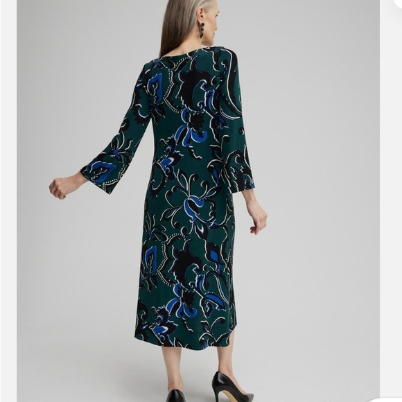 NEW NWT Chico’s Green Navy Eastern Bell Sleeve MIDI Dress Size 2 Large - Picture 2 of 9